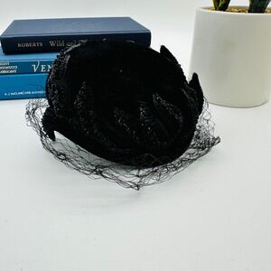 Bonwit Teller Vintage Black Velvet Pillbox Hat Beaded Sequin Birdcage Veil